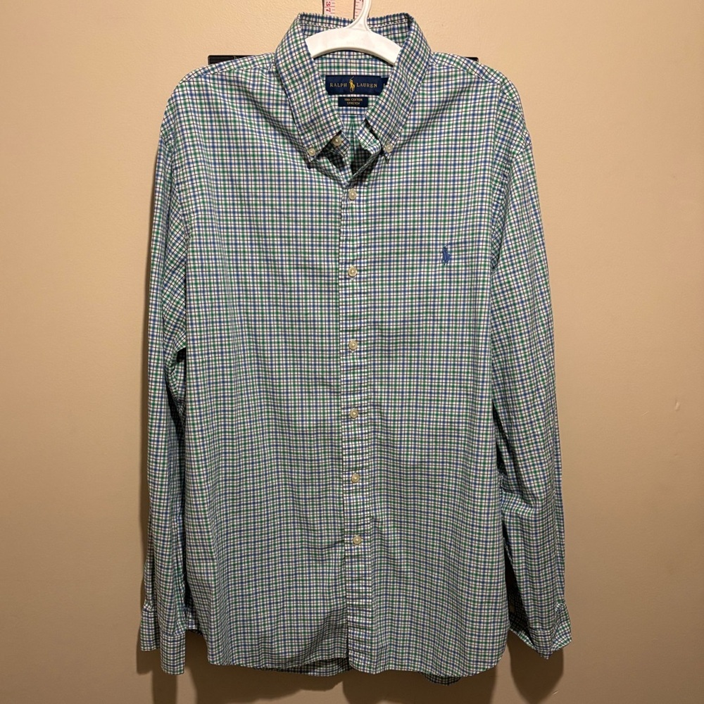 Ralph Lauren Mens Button-Down Shirt Large Plaid Long Sleeve Cotton Stretch